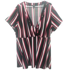 Torrid Womens Size 3 V Neck Short Sleeve Peplum Top Black Pink Striped Casual